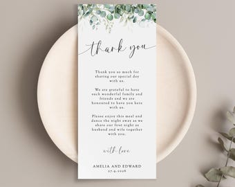 Eucalyptus Wedding Thank You Place Card Template: Printable Greenery Tall Card, DIY Rustic Theme (Templett Digital Download)