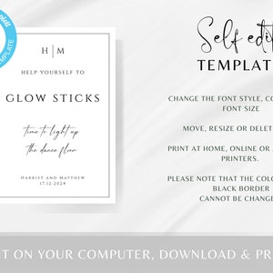 May include: Printable wedding reception sign with black border, white background, and text that reads "H | M Help Yourself To Glow Sticks Time to light up the dance floor Harriet and Matthew 17.12.2024". The sign is a self-edit template.