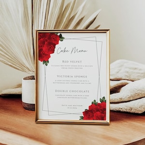 Rote Rose Kuchen Menü Schild, Hochzeitstorte Aromen Schild zum Ausdrucken, schwarzer Rand rote Blumen, Kuchen Zutaten bearbeitbar #BL8