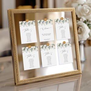 White wedding seating chart cards template, rose table plan with greenery, printable & editable hanging name cards, Templett download #BL23