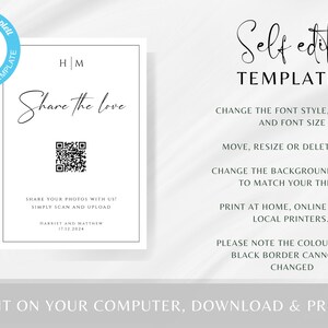 Op de afbeelding: Een printbaar bord voor een huwelijksreceptie met een zwarte rand en een witte achtergrond. Het bord zegt "Share the love" en bevat een QR-code. De tekst onder de QR-code zegt "Share your photos with us! Simply scan and upload" en bevat de namen "Harriet and Matthew" en de datum "17.12.2024".