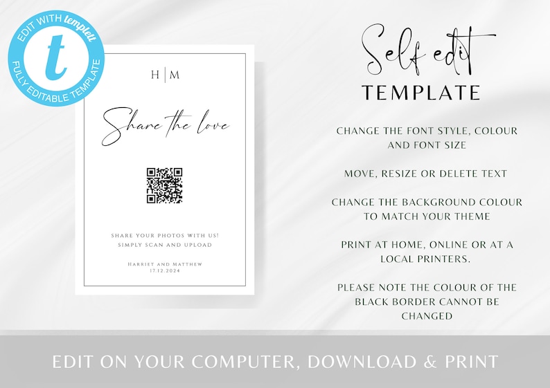 Op de afbeelding: Een printbaar bord voor een huwelijksreceptie met een zwarte rand en een witte achtergrond. Het bord zegt "Share the love" en bevat een QR-code. De tekst onder de QR-code zegt "Share your photos with us! Simply scan and upload" en bevat de namen "Harriet and Matthew" en de datum "17.12.2024".