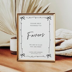 Modern wedding favors sign template, wavy bow border printable favor sign, black and white party favors diy, editable Templett download BL28