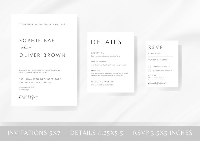 Modern wedding invitation template set, minimalist printable invite suite, black & white wedding invite rsvp bundle, diy editable download image 4