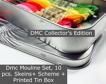 DMC Collector's Floral Mouline Tin, 10 Embroidery Thread Skeins, 2 Cross Stitch Patterns