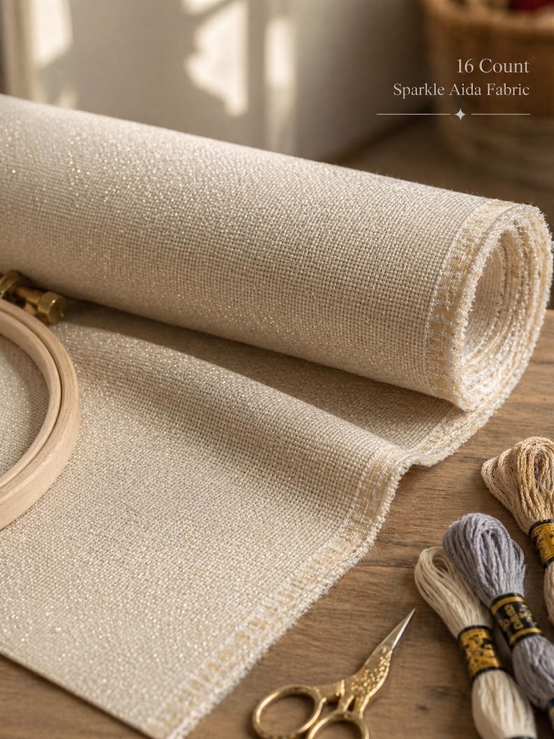 May include: A rolled-up, beige 16-count sparkle Aida fabric with a wooden embroidery hoop, embroidery floss, and gold scissors. The fabric has a subtle shimmer and is ideal for cross-stitch projects.