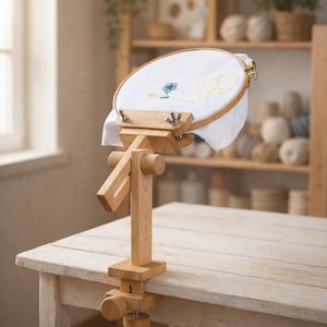 Adjustable Wooden Embroidery Hoop Stand | Hands-Free Cross Stitch Table Clamp