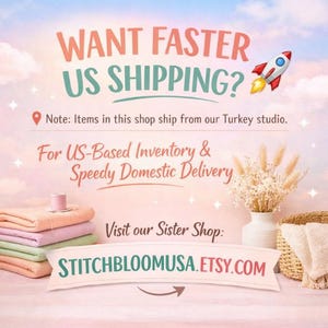May include: A graphic display featuring the text WANT FASTER US SHIPPING? with a rocket icon, a note about Turkey studio shipping, and text for US-based inventory. It includes a stack of folded pastel textiles, a vase with dried flowers, and a basket.