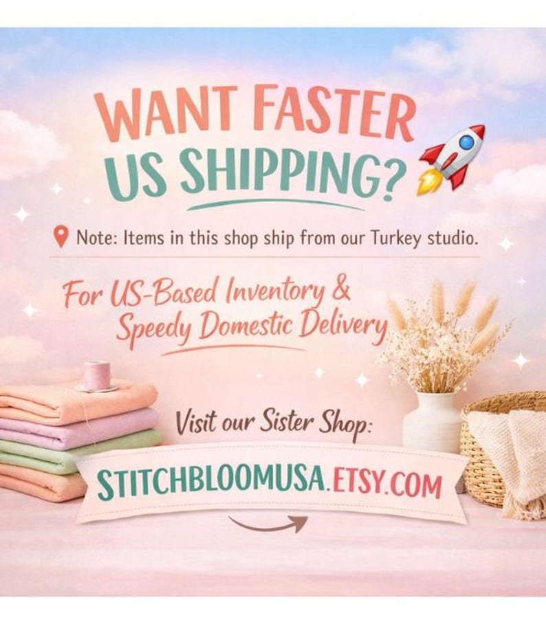May include: A graphic display featuring the text WANT FASTER US SHIPPING? with a rocket icon, a note about Turkey studio shipping, and text for US-based inventory. It includes a stack of folded pastel textiles, a vase with dried flowers, and a basket.