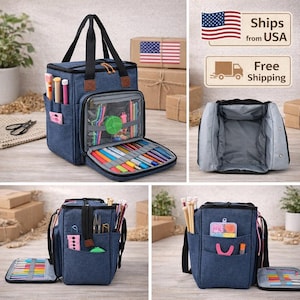 May include: A denim blue craft storage bag with multiple compartments and pockets. The bag is open, revealing colorful pens, markers, and other craft supplies. The bag has a black handle and a clear zippered pocket.