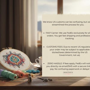 May include: A cross-stitch embroidery hoop with a colorful, intricate design. Various spools of thread in shades of green, orange, and pink are arranged on a wooden surface. A thimble and scissors are also present.