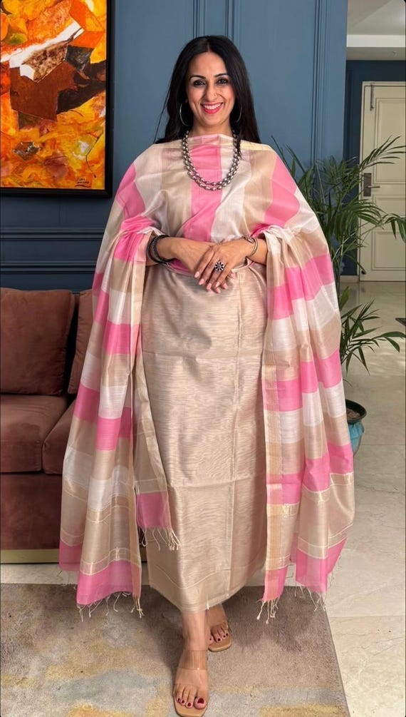 white christmas dresses Designer Hand Block Print Maheshwari Silk Suit Set (MSS0045)
