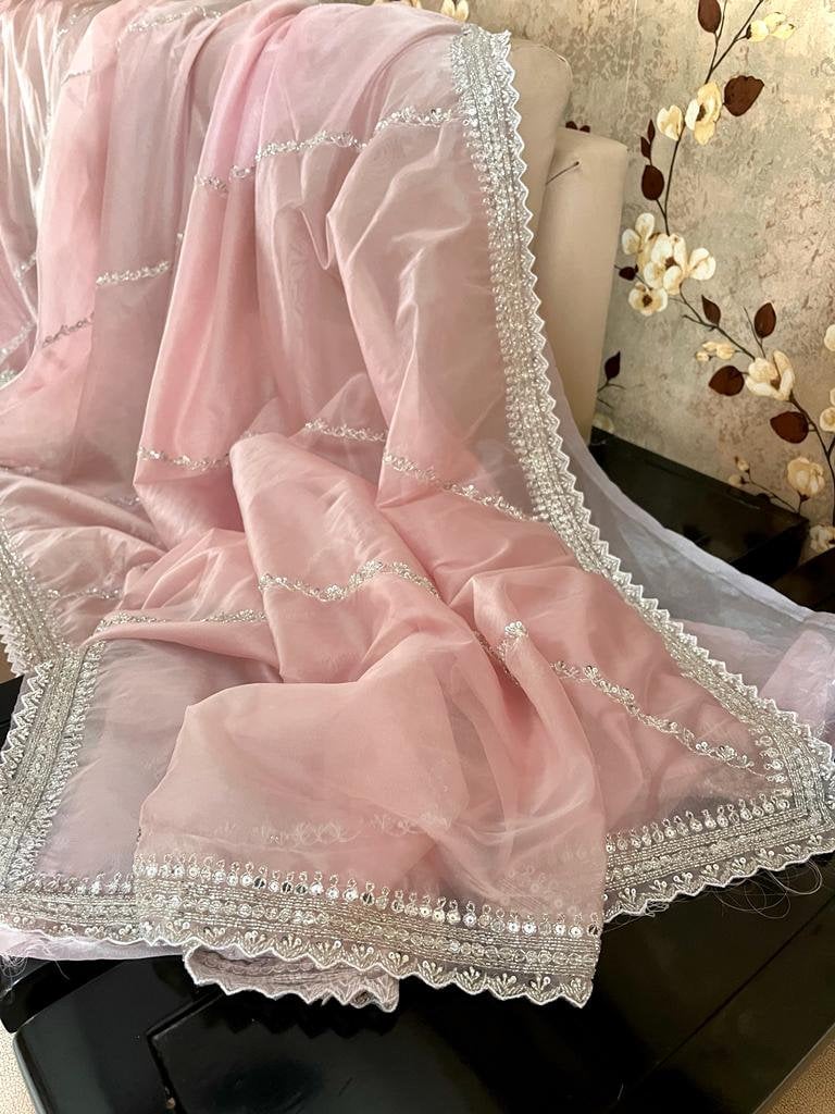 Rose Pink Tissue Organza Saree with Cutdana & Stone Work (Unstitched)