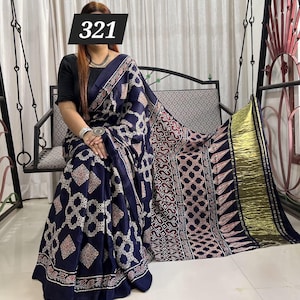 Modal silk ajrakh natural hand block saree also come lagdi patta