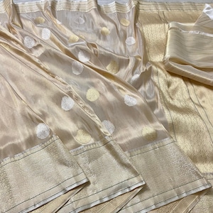 Pure Golden Tissue Silk Silver Gold Buta Banarasi Handwoven Saree