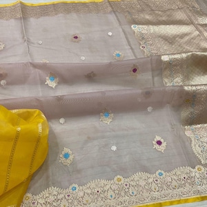Pure Kora Bananasi Minakari Border Buti Kaduwa Handloom Saree