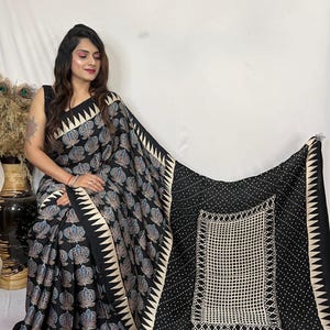 Natural Dyed Ajrakh Block printed Modaal silk Saree