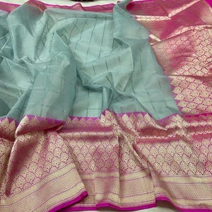 Pure Kora Stripes With Kaduwa Border Banarasi Handwoven Saree