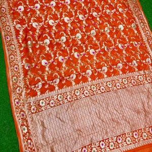 Banarasi handloom khaddi pure georgette chiffon khaddi weaving water zari with meenedar jall weaving sarees