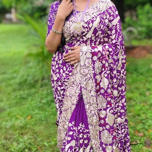 luxurious pure crepe silk saree with intricate Parsi embroidery.