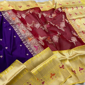 Exclusive piece!!!!Half Kora Half Katan Kadhiyal Border Kaduwa Jangla Banarasi Minakari Saree