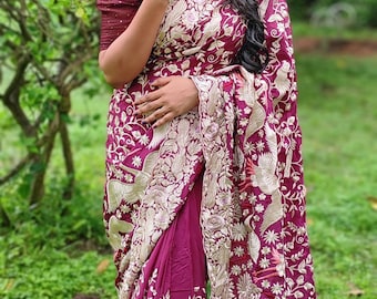 lussuoso sari ricamato Parsi in pura seta crepe.