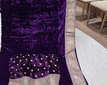 Pure velvet sarees  with sabhyasachi  lace border and embroidery work blouse