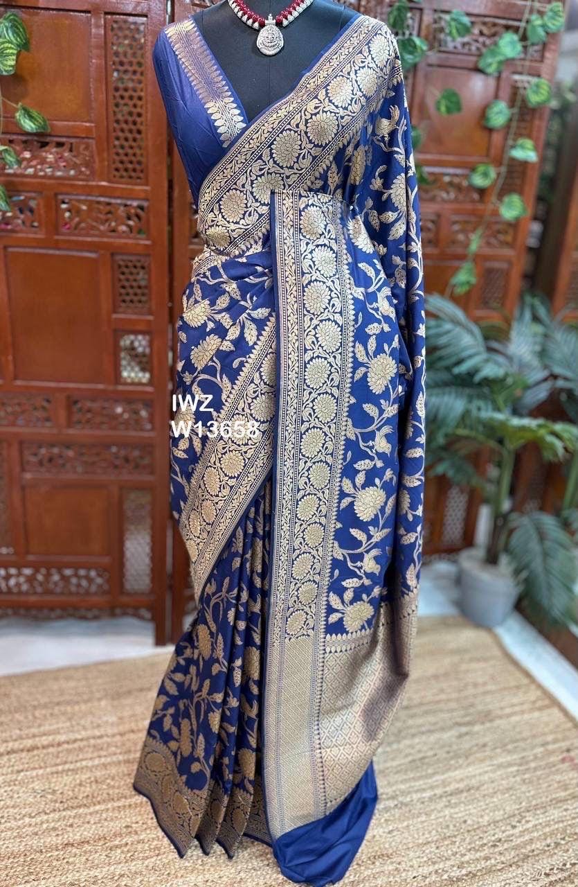 Kathan saree with weaving all over with birds flowers and leaves With zari woven border and pallu With blouse