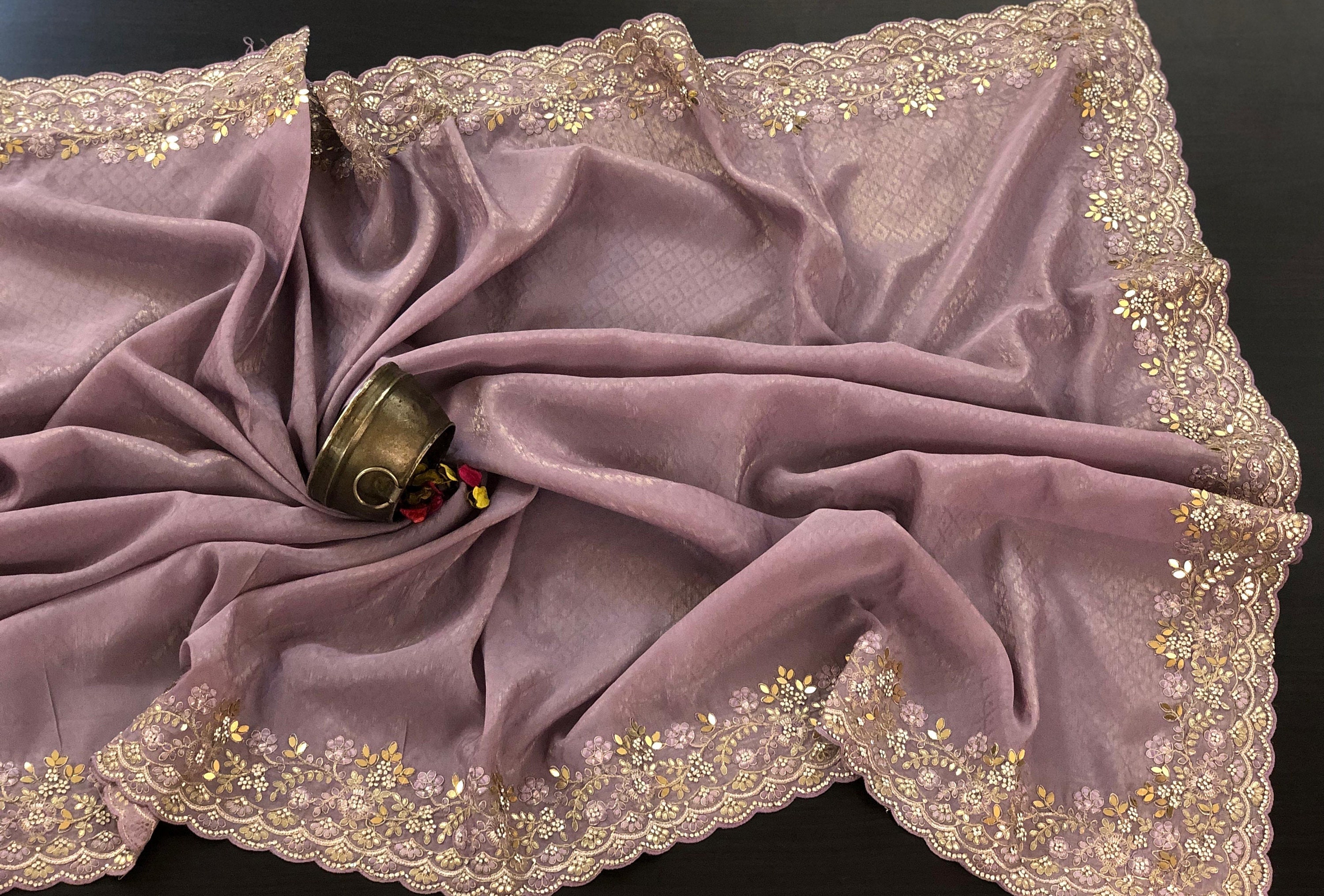Mustard Raw Silk Scalloped Cocktail Saree with Resham Embroidery and Bright Crystals
