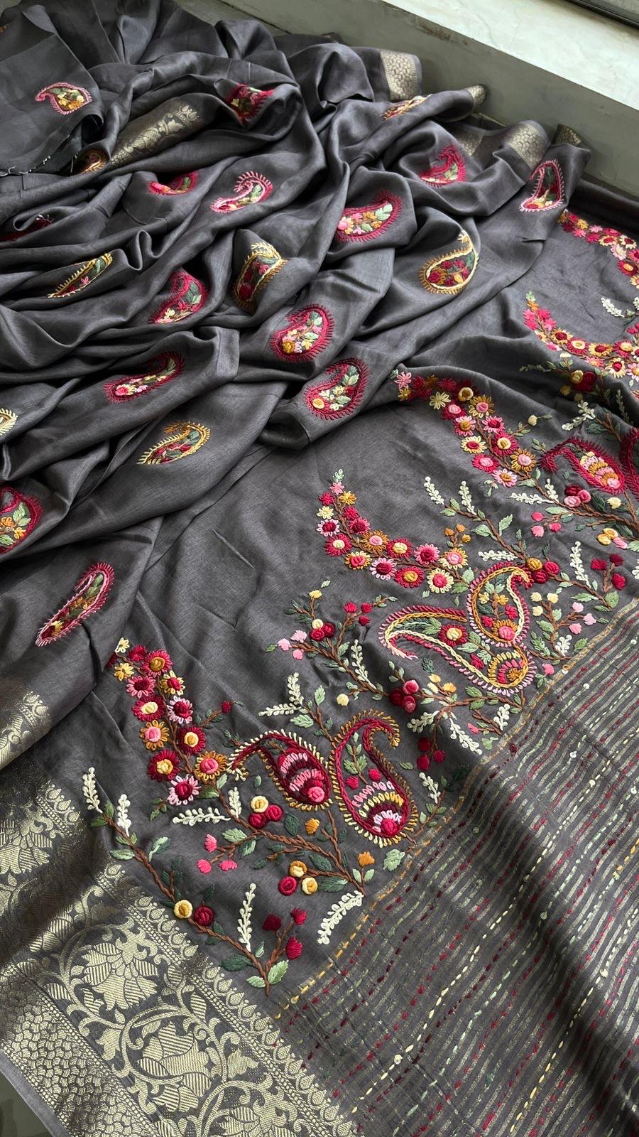 Beautiful pure Munga silk saree with hand knot and Kantha work.