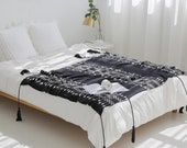Double side knit tassel blanket-black white bed and sofa blanket,new home gift for couple,Moroccan blanket, couverture cotton blanket