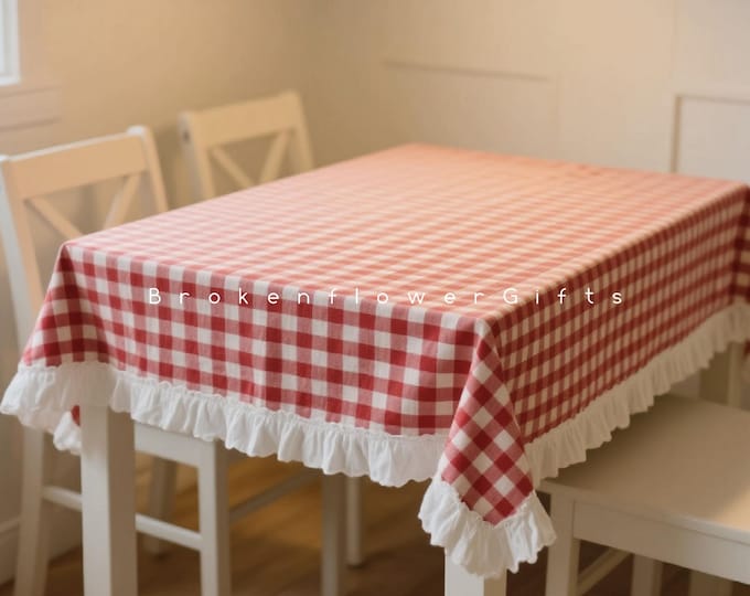 Red checkered tablecloth - plaid farmhouse tablecloth - checkered rectangle tablecloth  -  custom size tableclth - ruffled garden tablecloth