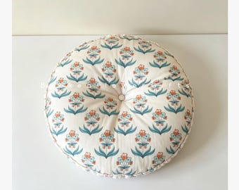 Block Print Floor Cushion, Custom Floral Round Cushion, Tufted Window Seat Cushion, Farmhouse Chair Pad