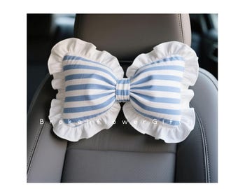 Blue Striped Bow Car Pillow – Cotton Headrest Cushion