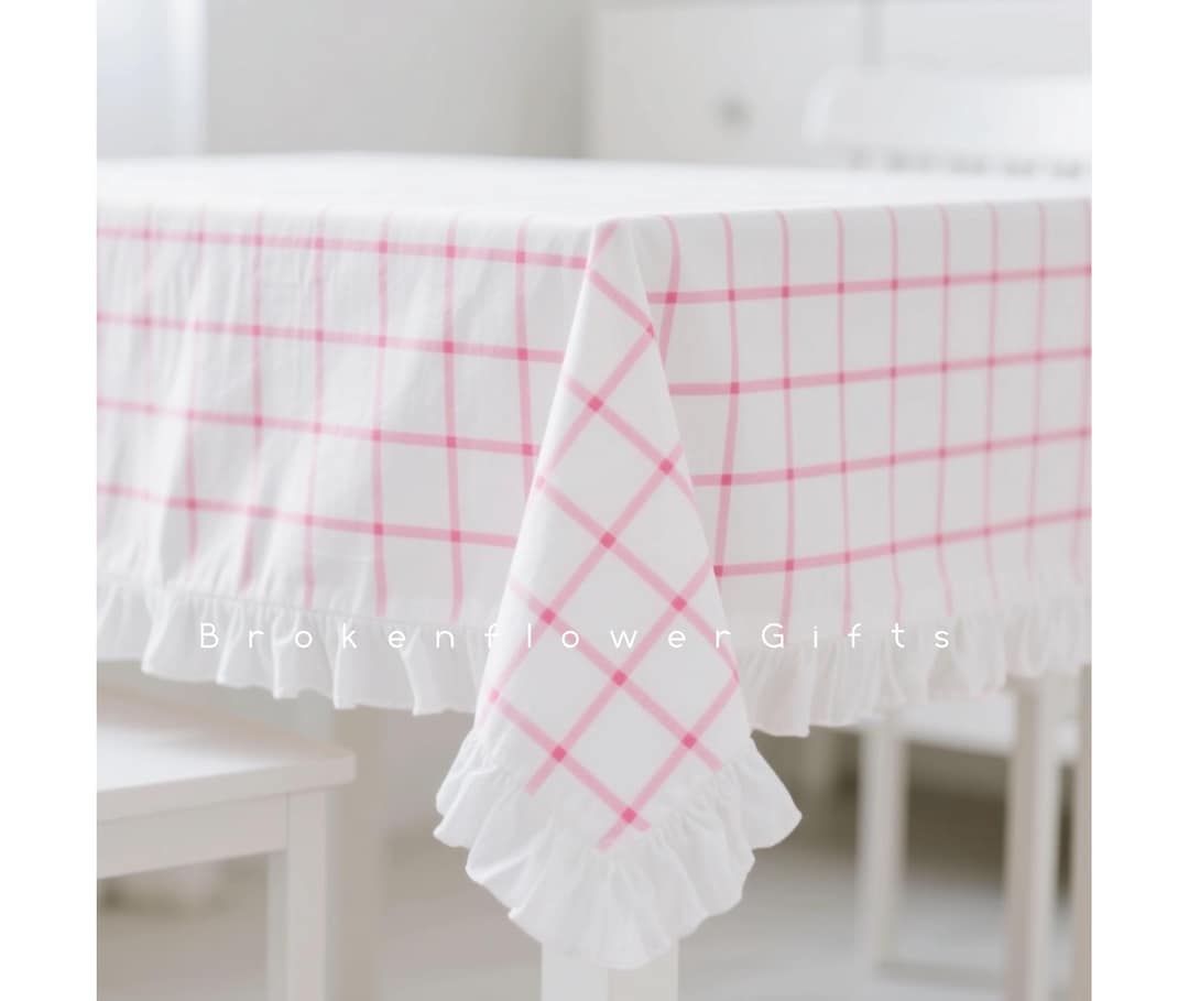 Pink Ruffle Tablecloth Pink Checkered Tablecloth - Ruffled Farmhouse Tablecloth, Custom Size ...