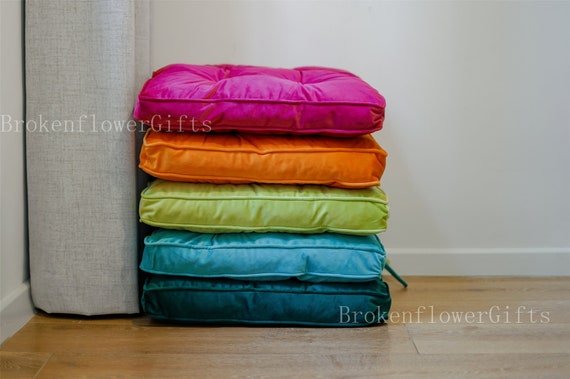 Velvet seat cushion with ties - thick seat pad - multi color floor cushions - thick seat cushion - chair cushion with ties - tuft cushion