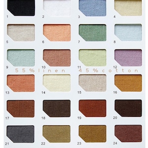 May include: A color chart with 24 fabric swatches. The swatches are arranged in a grid of four rows and six columns. The swatches are numbered 1 through 24. The swatches are made of different colors and textures. The chart also includes the text "55% linen" and "45% cotton".
