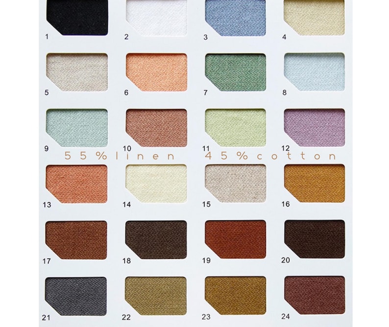 May include: A color chart with 24 fabric swatches. The swatches are arranged in a grid of four rows and six columns. The swatches are numbered 1 through 24. The swatches are made of different colors and textures. The chart also includes the text "55% linen" and "45% cotton".
