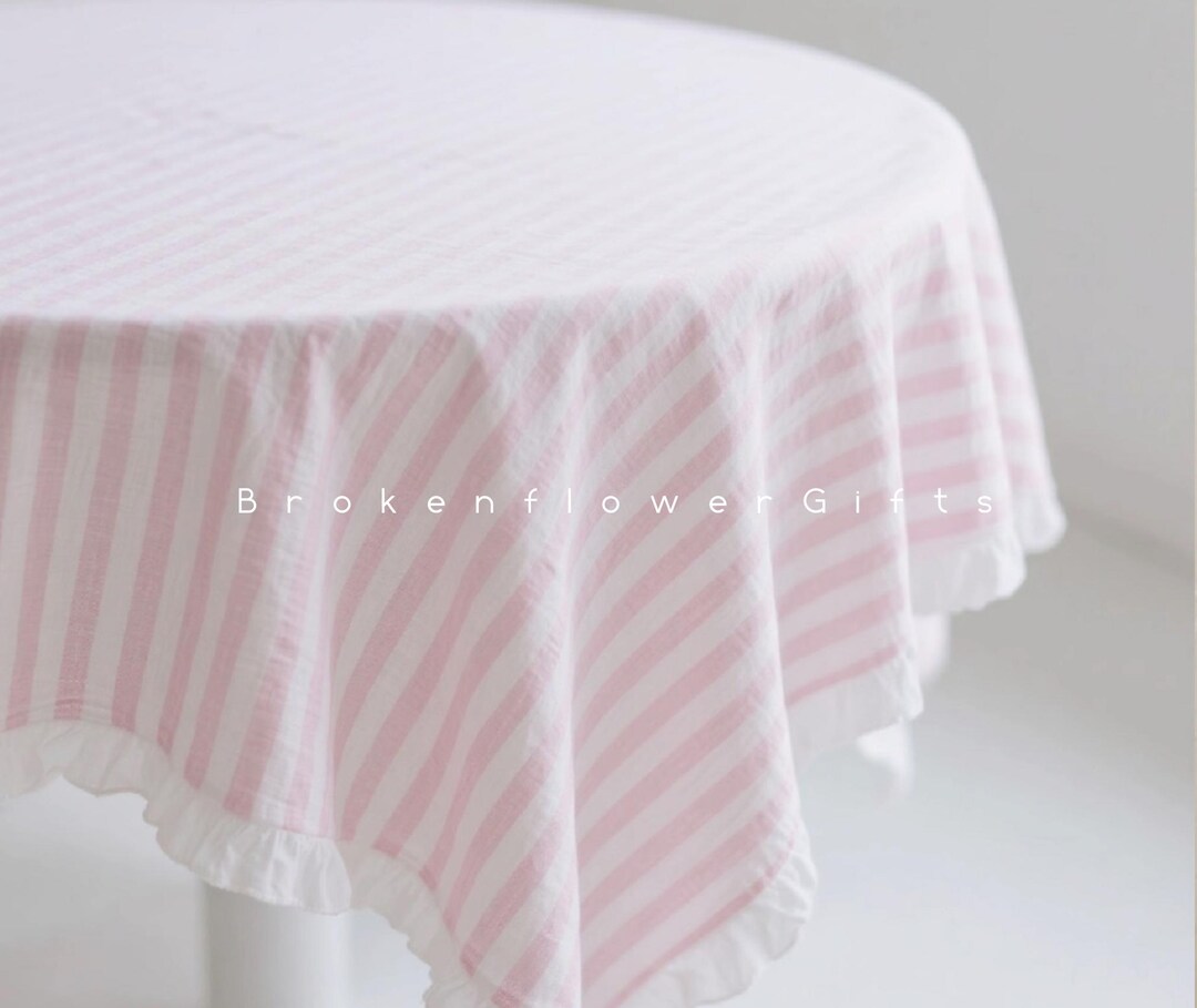 Pink Ruffle Tablecloth Striped Tablecloth - Pink Farmhouse Tablecloth -ruffled Rectangle ...