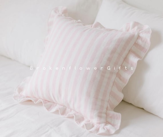 Cotton Knit Pillow Cover, Pink Striped Ruffled Pillowcase, Farmhouse Decor