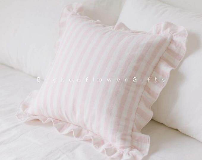 Cotton Knit Pillow Cover, Pink Striped Ruffled Pillowcase, Farmhouse Decor