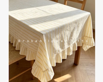 Yellow Striped Tablecloth With Ruffles – Rustic Hostess Gift – Party Table Cover – Garden Dining Decor