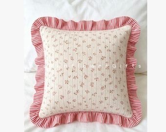 Handmade Striped Cotton Jersey Pillow Cover, Ruffle Edge, Soft Plush Floral (Any Size)