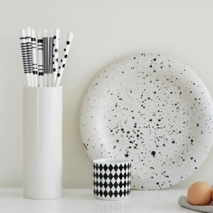 May include: A white ceramic vase with a bunch of black and white patterned straws inside. A white ceramic plate with black speckles, a white ceramic mug with a black and white checkered pattern, and two brown eggs are on a white surface.