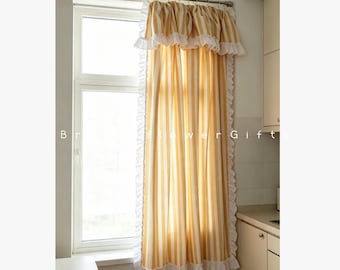 Flop Over Ruffle Curtain, Custom Rod Pocket Window Drape, Yellow Stripes Curtain, Linen Blend Fabric