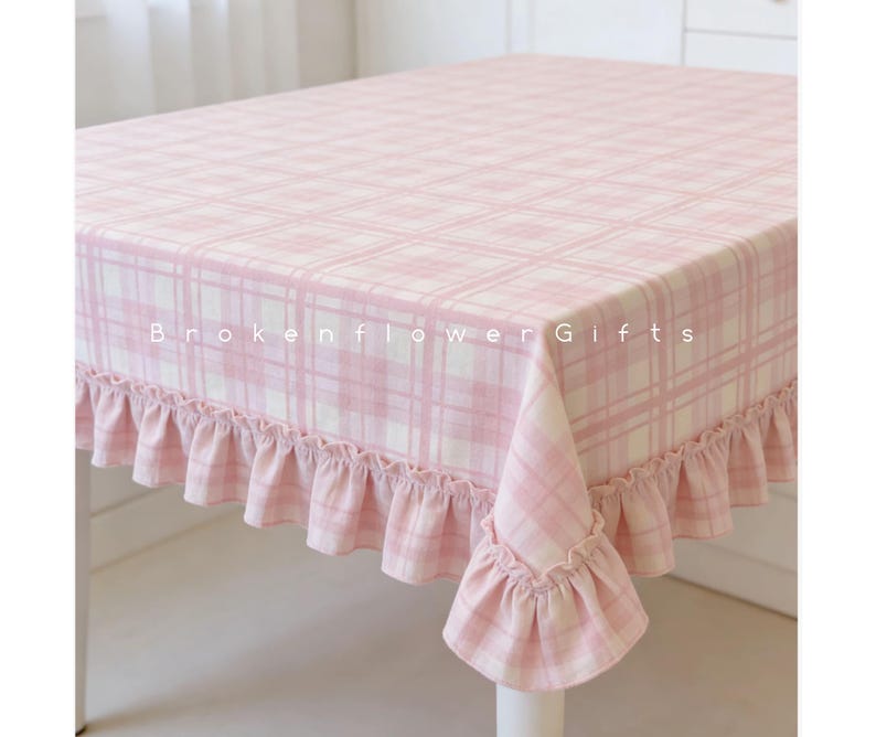 Pink Ruffle Tablecloth Light Pink Plaid Cotton Tablecloth – Ruffled Farmhouse Checkered Table ...
