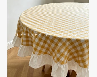 Yellow Gingham Tablecloth With Ruffles - Personalized Farmhouse Table Cover
