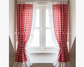 Red gingham drapery, cute cafe window treatment,short curtain,rod pocket cotton curtain, checkerboard ruffled drapery