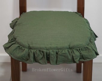 French Vintage Ramie Chair Pad – Ruffle Decor, Custom Size