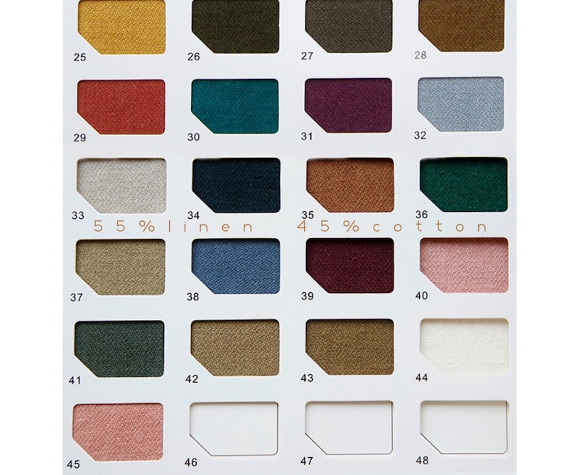 May include: A fabric swatch card with 16 different fabric samples. The swatches are numbered 25 through 48. The card includes the text "55% linen" and "45% cotton".